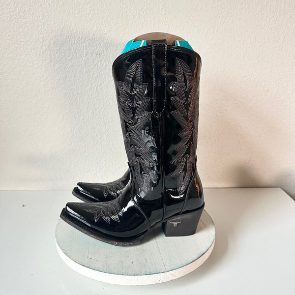 Lane Off The Record Cowgirl Western Boots Black 7.5 Cowboy Snip Toe Rodeo Midi - Picture 5 of 13